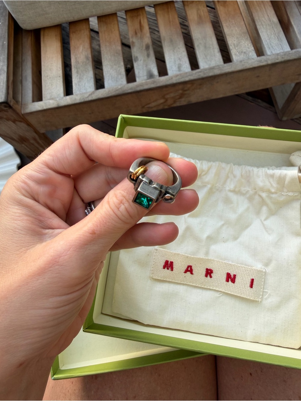 Marni mixed metal ring with Green Stone size 6.5 NWT